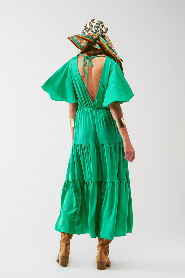 V Neck Maxi Smock Dress in Green