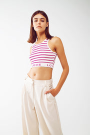 Striped Cropped Top With Love Text in Pink