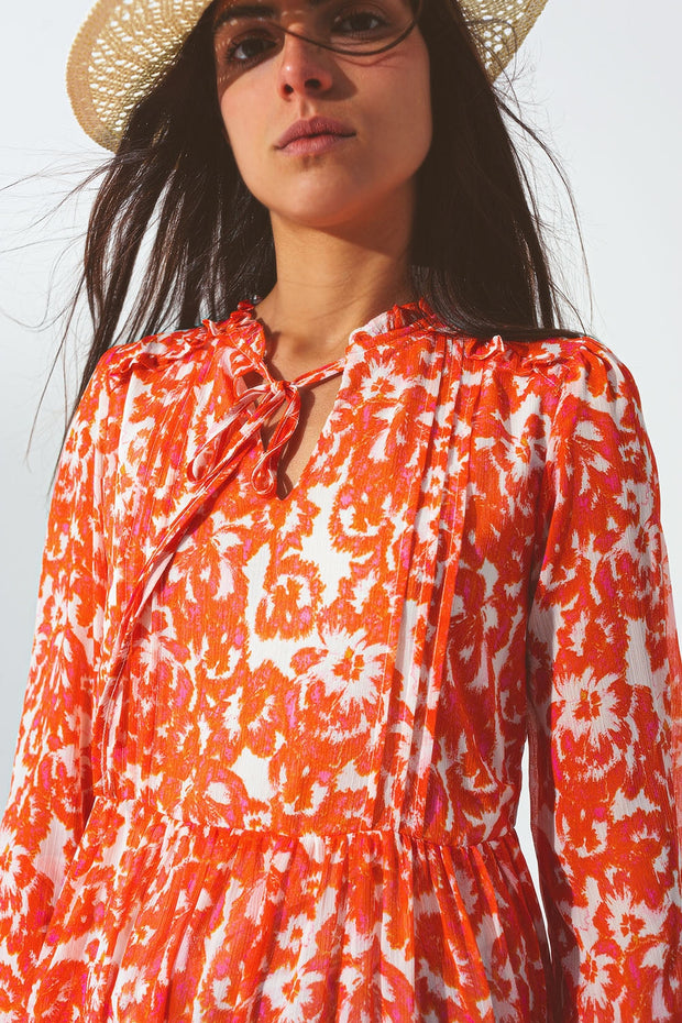 Floral Mini Dress With v Neck in Orange