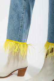 Straight Leg Jeans With Yellow Faux Feather Hem