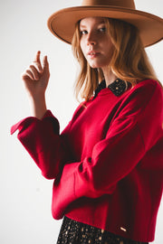 Ribbed Boat Neck Jumper in Maroon