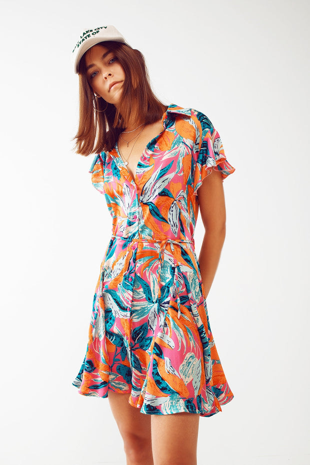 Belted Mini Shirt Dress With Floral Print in Orange