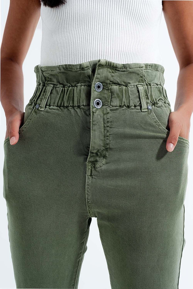 Elasticated Paper Bag Waist Mom Jean in Khaki