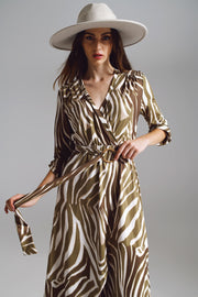 Midi Belted Wrap Dress in Olive Green and Cream Zebra Print