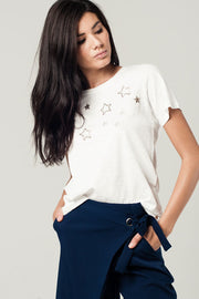 White T-Shirt With Embroidered Stars Detail