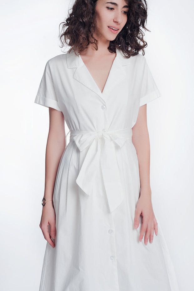 White Poplin Shirt Dress With Belt and Short Sleeve