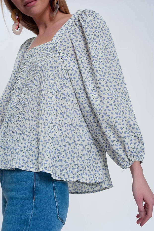 Puff Sleeve Top With Square Neck in Blue Floral Print