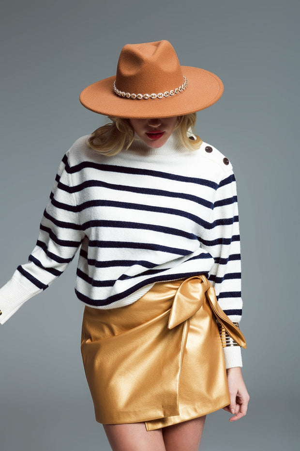 Marine Style Sweater With Turtle Neck and Button Detail at Neck in White and Navy