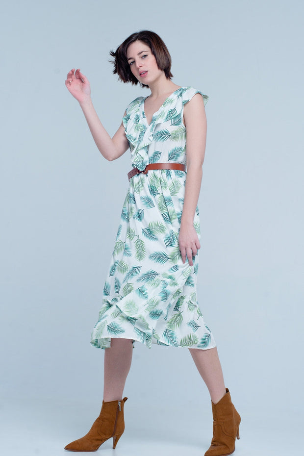 Green Printed Midi Dress With Ruches