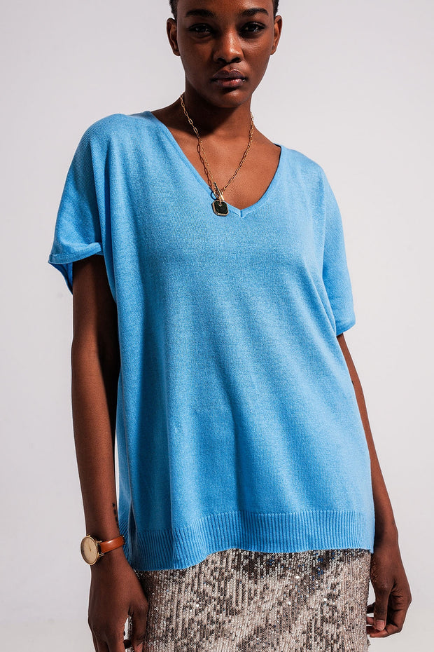 Short Sleeve Jumper With v Neck in Blue