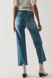 Cotton High Waist Straight Leg Jeans in Vintage Blue