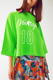 Assymetric Sweatshirt With Vintage 18 Text in Green