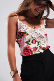 Lace Trim Satin Cami in Rose Print