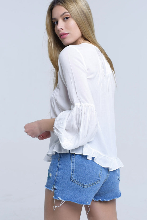 White Lace Up Top With Ruffle Detail