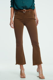 High Rise Raw Hem Flared Jeans in Brown