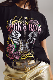 Vintage Rock and Roll Print T-Shirt in Black