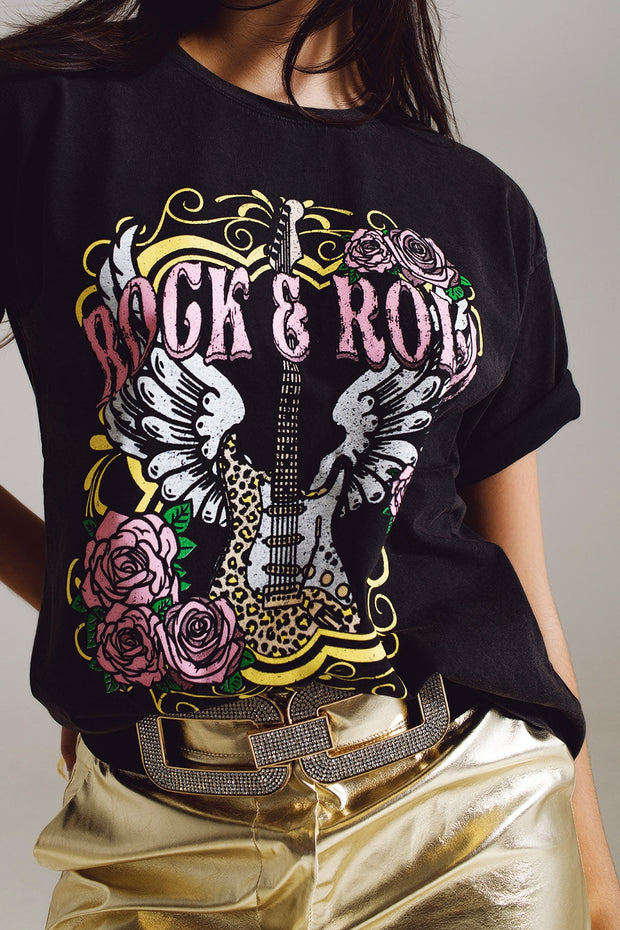 Vintage Rock and Roll Print T-Shirt in Black