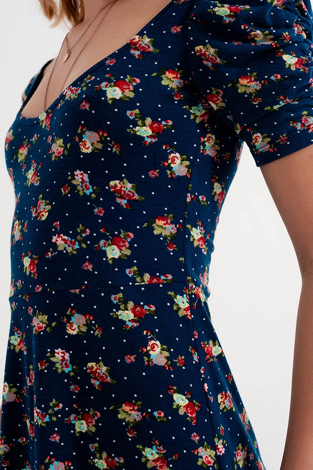 Puff Sleeve Skater Dress in Navy Blue Floral Print