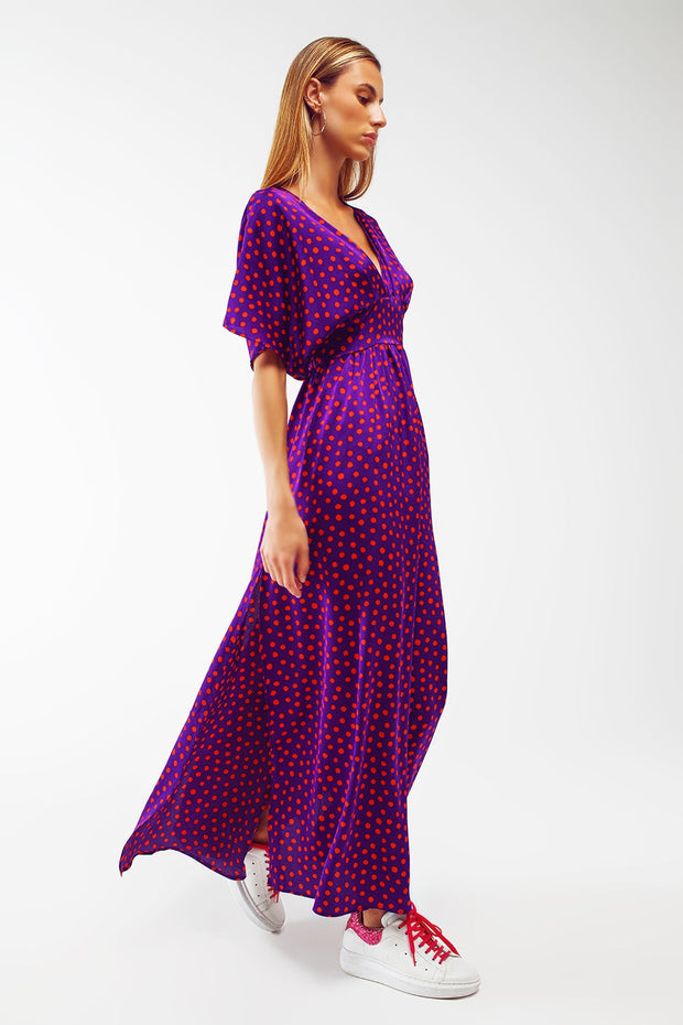 Maxi Cinched at the Waist Dress With Angel Sleeves in Purple Polka Dot