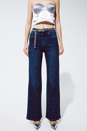 Straight Leg Jeans With Strass Detail in Blue