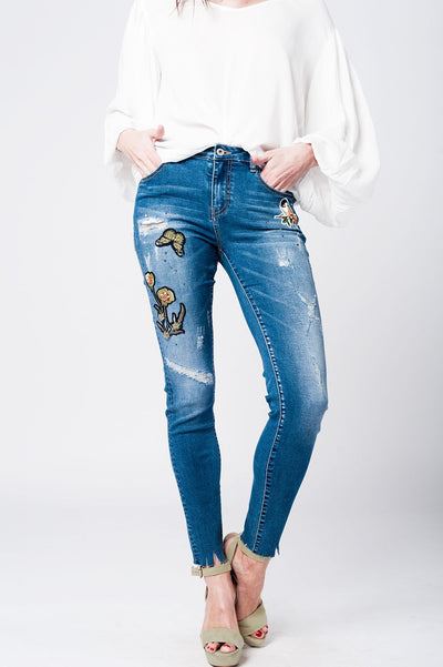 Skinny Rip Jeans With Embroidered Patches