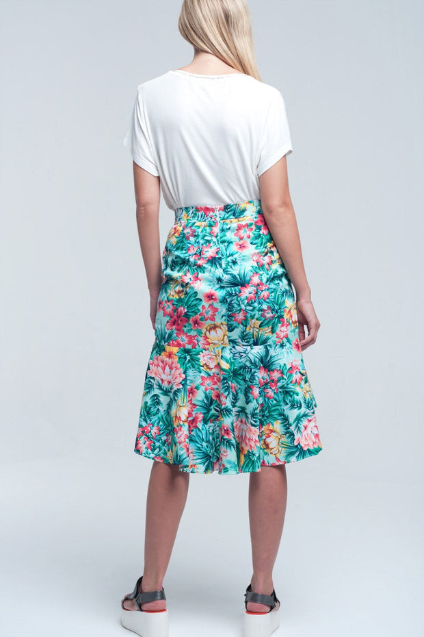 Floral Asymmetrical Green Skirt