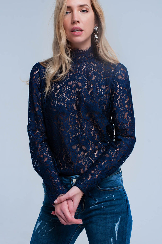 Navy Transparent Lace Shirt