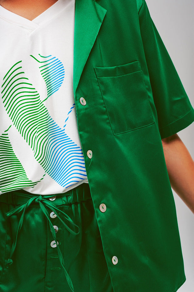 Satin Short Sleeve Shirt in Green