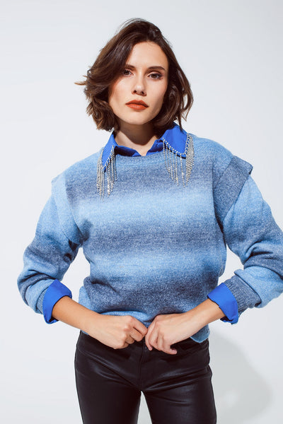 Sweater in Ombre Design Blue With Round Neck and Sleeve Details