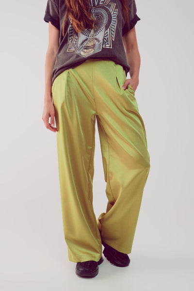 Wide Leg Satin Pants in Acid Lime