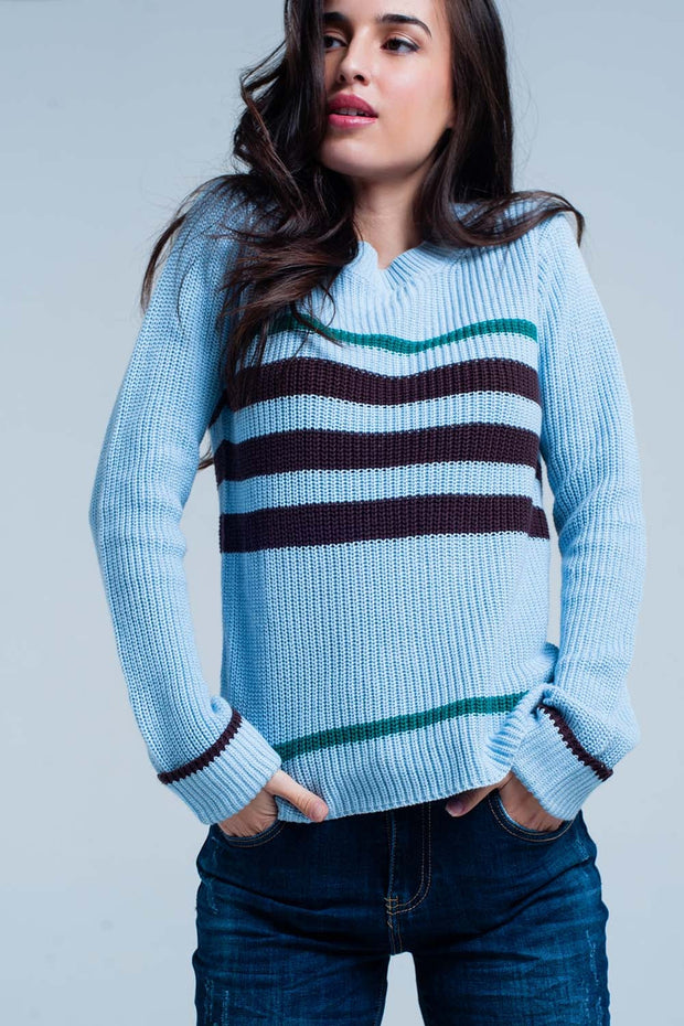 Blue Rib Stitch Sweater With Stripes