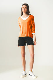 Long Sleeve v Neck Top in Modal in Orange