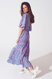 Full Length Dress With Open Tie Back in Purple Print