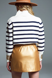 Marine Style Sweater With Turtle Neck and Button Detail at Neck in White and Navy