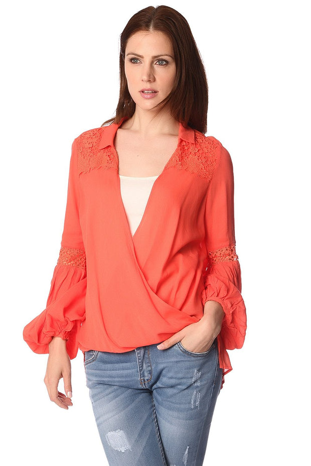 Orange Blouse With Wrap Front and Draped Detail