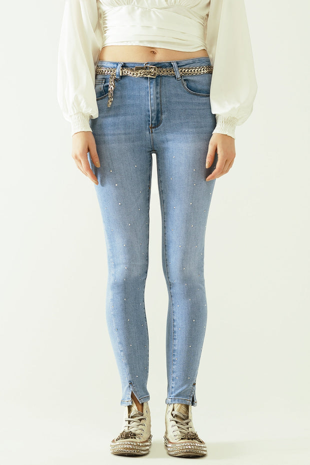 Five-Pocket Skinny Jeans in Stretch Denim With Strass Detail All Over