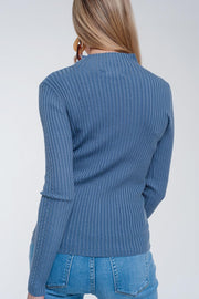 Ribbed Jumper With High Neck in Blue