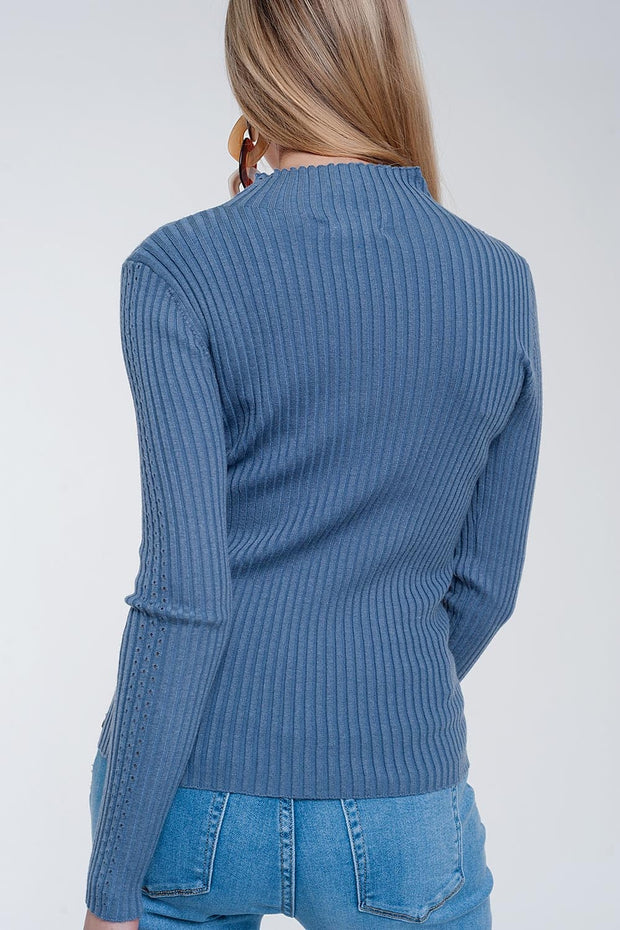 Ribbed Jumper With High Neck in Blue