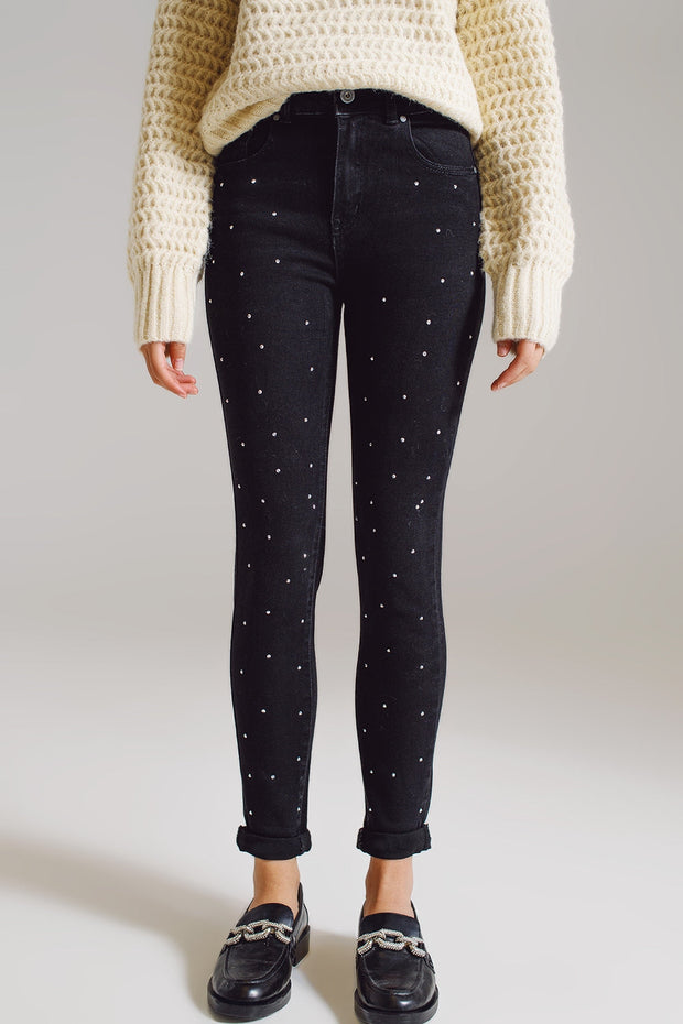 Skinny Jeans With Embellished Strass All Over in Black