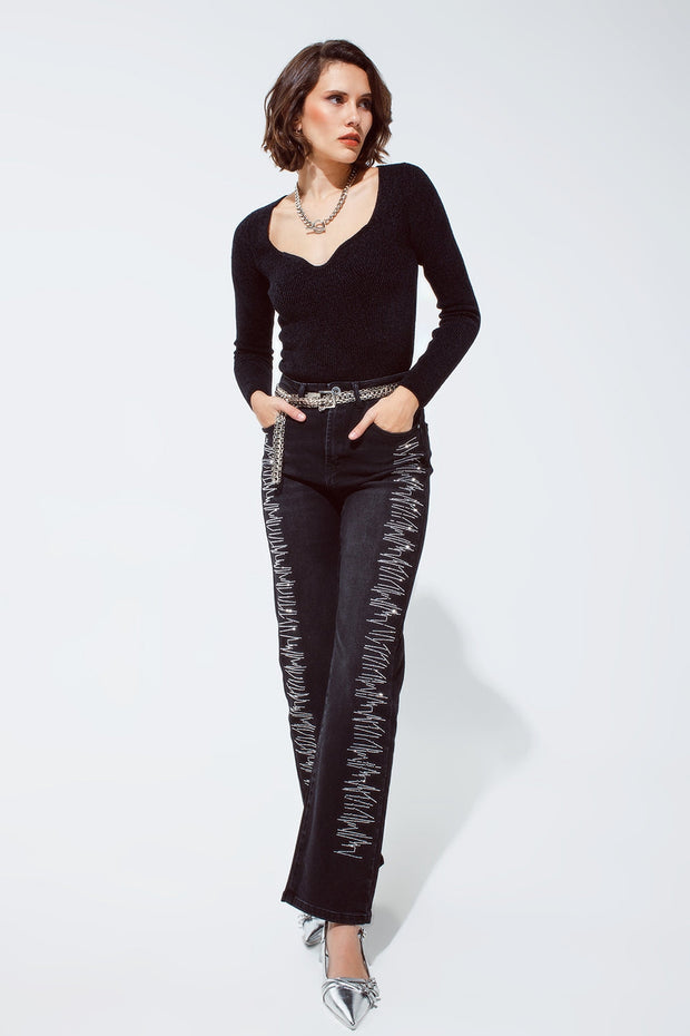 Black Chenille Sweetheart Neck Top