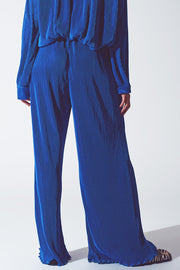 Satin Pleated Wide Leg Pants in Blue