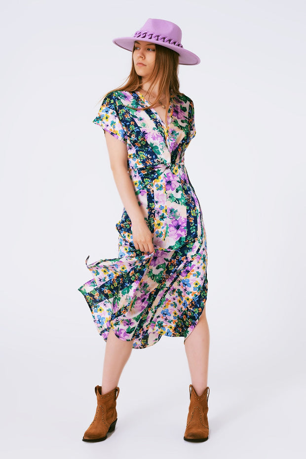 Flower Print Front Knot Maxi Dress in Purple and Green Multicolour