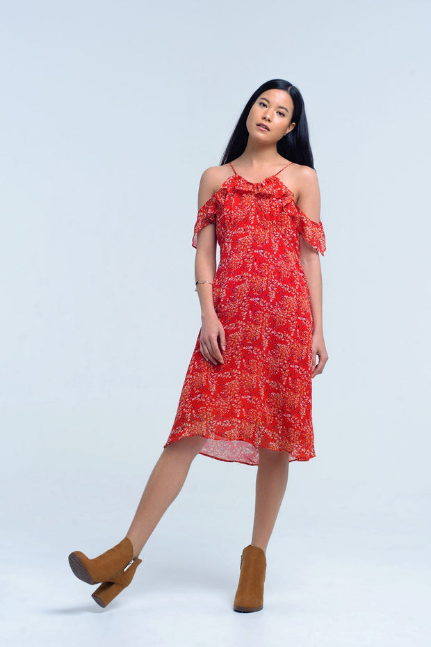 Red Dress With Printed Flowers and Ruffles