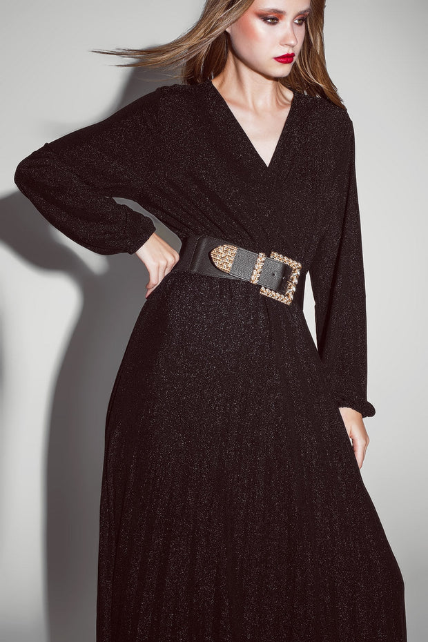 Party Long Sleeve Maxi Dress With Glitter in Black