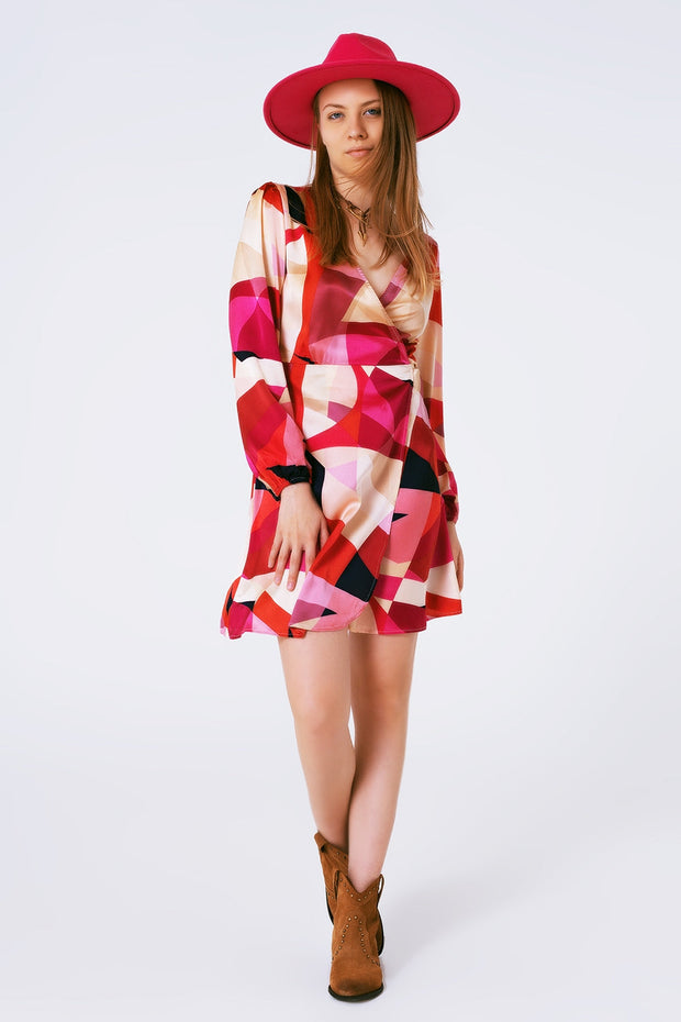 Wrap Short Abstract Print Dress in Fuxia