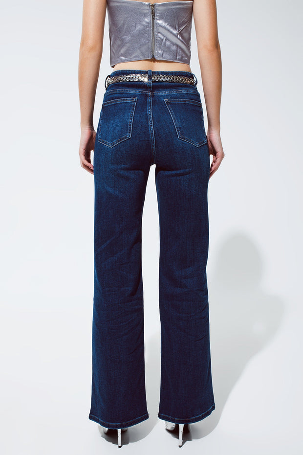 Straight Leg Jeans With Strass Detail in Blue