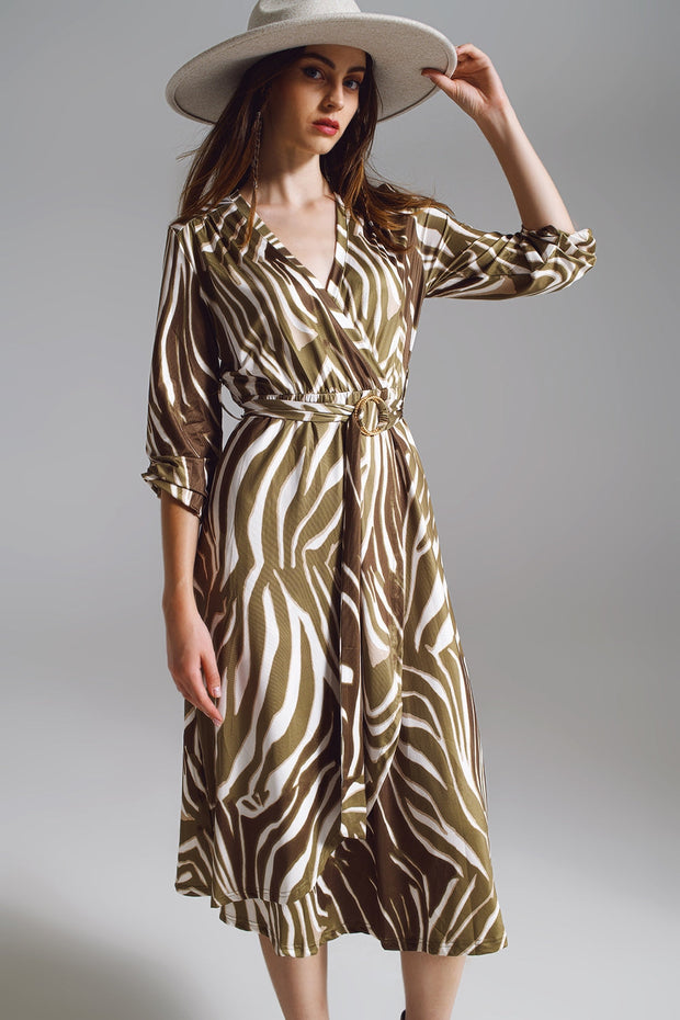 Midi Belted Wrap Dress in Olive Green and Cream Zebra Print