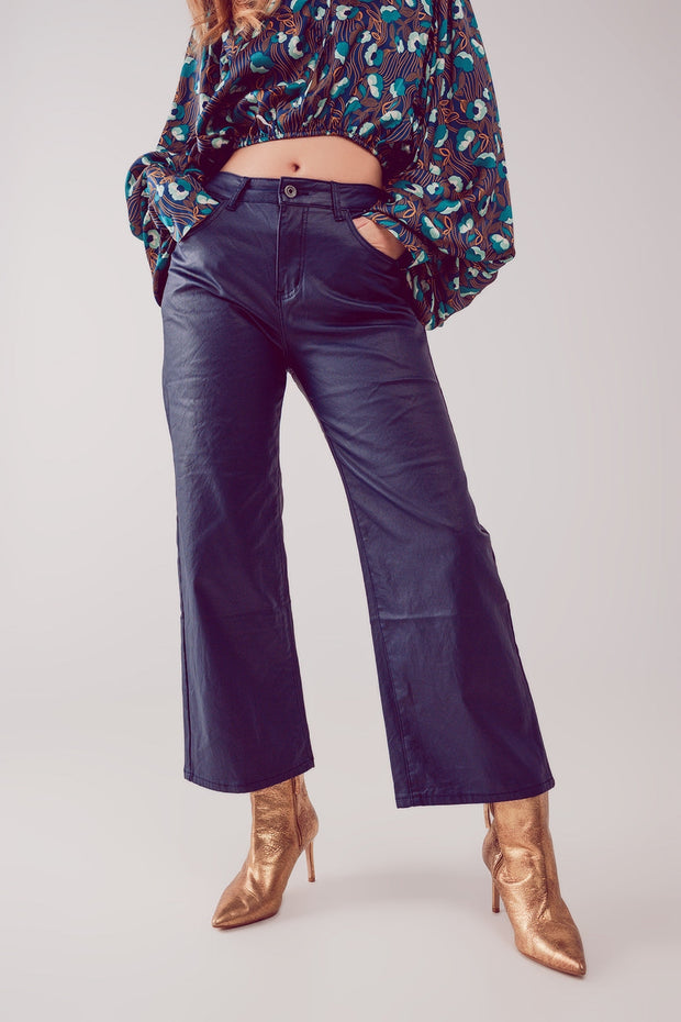 Faux Leather Wide Leg Pants in Blue