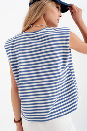 Sleeveless T-Shirt With Shoulder Pad in Blue Stripe