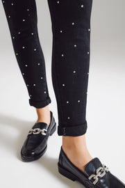 Skinny Jeans With Embellished Strass All Over in Black